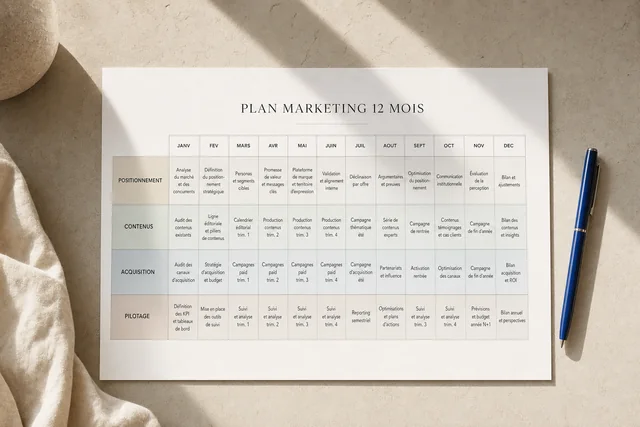 Plan marketing de douze mois imprimé à plat sur un plan de plâtre, les mois en colonnes et quatre bandes légendées, un stylo cobalt posé à côté.