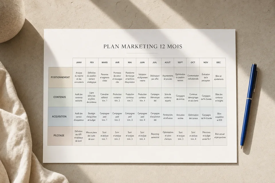 Plan marketing de douze mois imprimé à plat sur un plan de plâtre, les mois en colonnes et quatre bandes légendées positionnement, contenus, acquisition et pilotage, un stylo cobalt posé à côté.