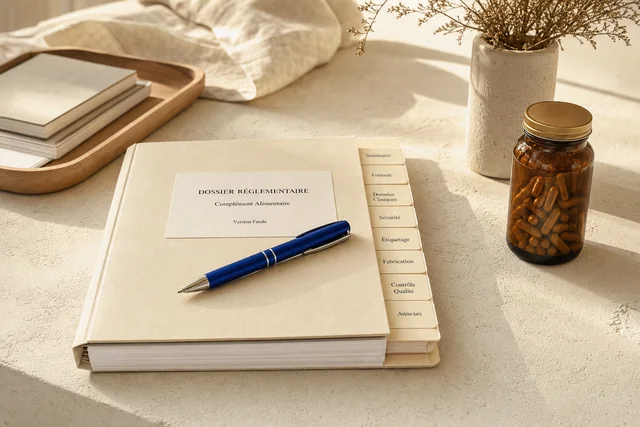 A regulatory dossier with tabbed dividers, a highlighted page and an unbranded supplement jar.