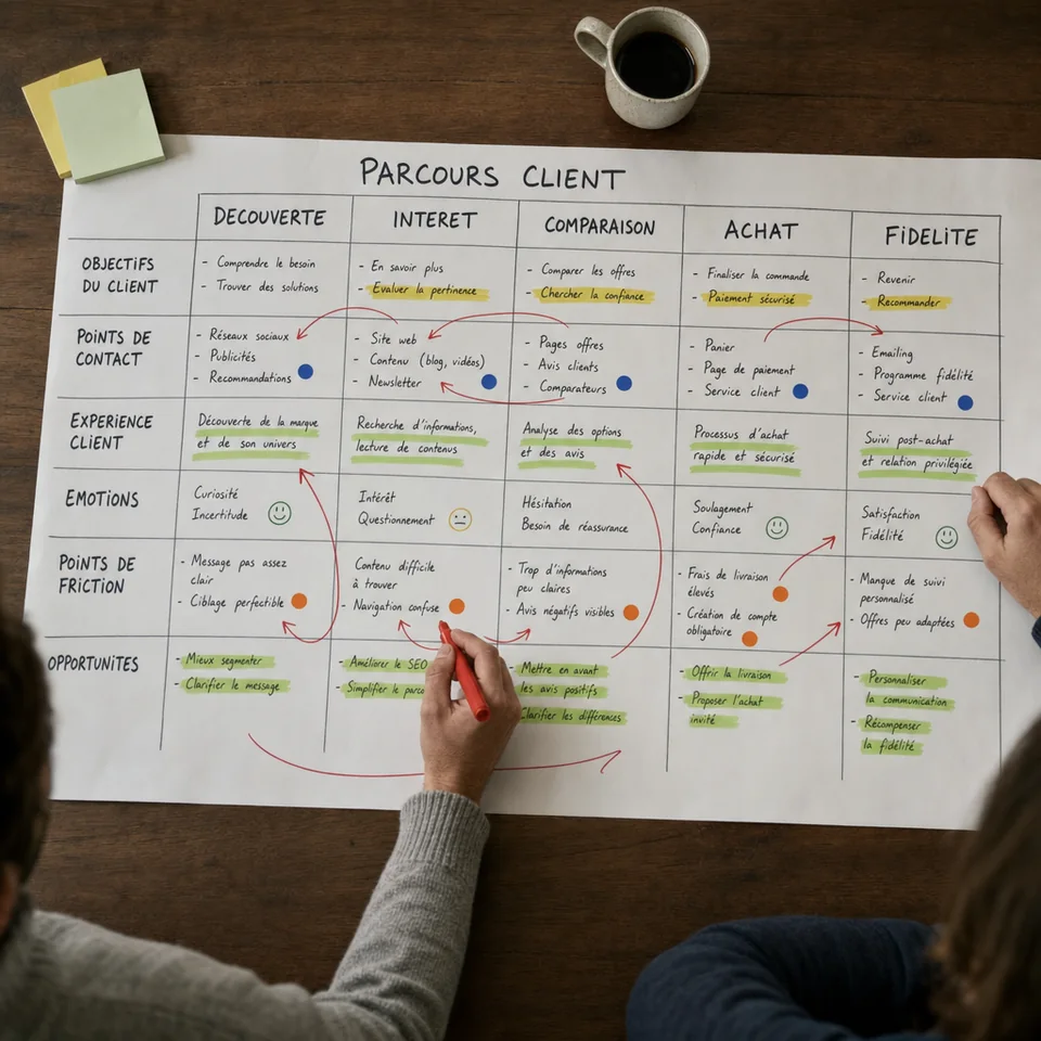 Grande carte « Parcours client » dépliée sur une table, cinq colonnes de la découverte à la fidélité, annotée au surligneur et aux flèches rouges, points de friction marqués par des pastilles.