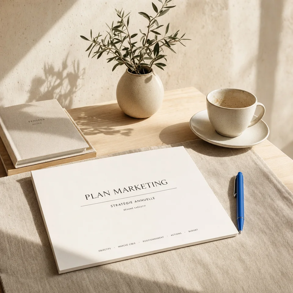 Bureau après la décision : un plan marketing posé à plat et aligné, un stylo cobalt à côté, une tasse finie et une petite plante.