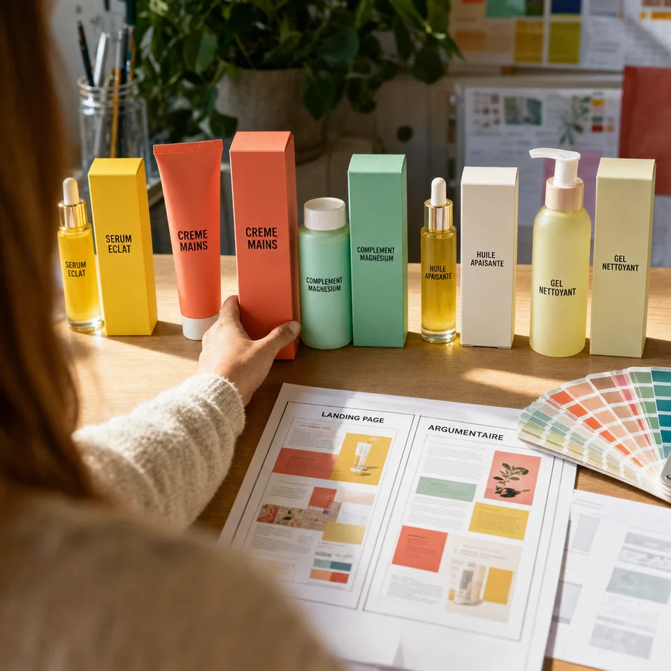 Prototypes de flacons et d'étuis alignés, étiquetés sérum, crème, complément, huile et gel, nuancier ouvert et planches de mise en page titrées Landing page et Argumentaire.