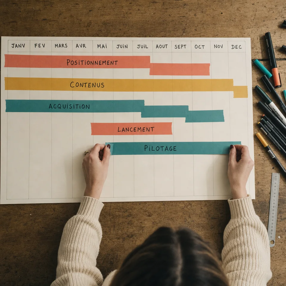 Plan marketing de douze mois vu de dessus, les mois en colonnes et des bandes de couleur légendées Positionnement, Contenus, Acquisition, Lancement et Pilotage, deux mains en train d'en poser une.