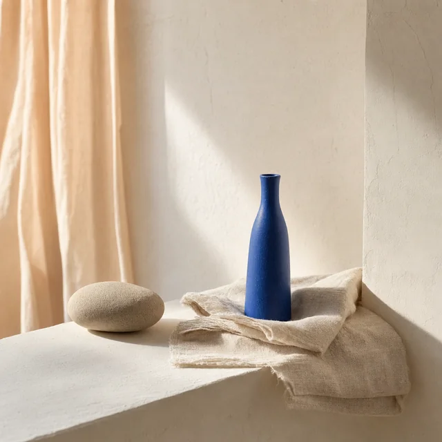 Nature morte en lumière rasante : flacon de verre cobalt, galet lisse et drapé de lin clair posés sur un plan de plâtre.