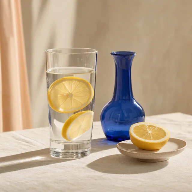 Grand verre d'eau contenant deux rondelles de citron, carafe de verre cobalt et demi-citron sur une coupelle, en lumière rasante.