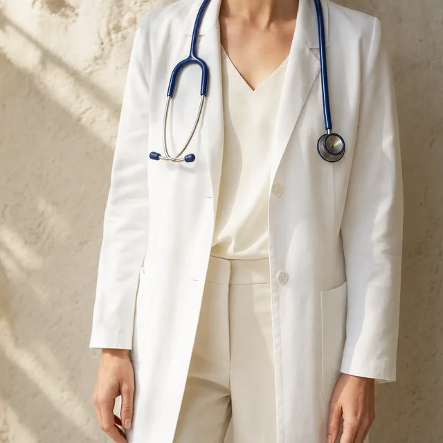 Buste d'une professionnelle de santé en blouse blanche, stéthoscope à tubulure cobalt autour du cou, devant un mur de plâtre clair.